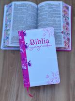 Biblia ARC Flor Lírios Rosa com borda floral - Letras Grandes com Harpa e indice