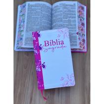 Biblia ARC Flor Lírios Rosa com borda floral - Letras Grandes com Harpa e indice