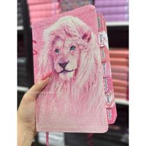 Biblia ARC Glitter 100% Leão Rosa bebê com Abas já coladas