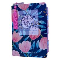 Biblia da Mulher de estudos compacta Azul tulipas com abas adesivas coladas NAA + marca páginas