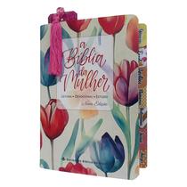 Biblia da Mulher de estudos tulipas laranja com abas adesivas + marca paginas glitter NAA capa luxo SBB
