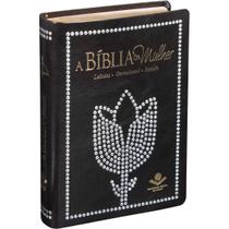 Biblia da mulher - preta - flor com pedras - arc - sbb
