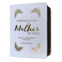 Bíblia de estudo da mulher de deus letra grande com harpa e índice capa de luxo branca