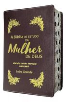 Bíblia de estudo da mulher de deus letra grande com harpa e índice capa de luxo marrom