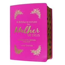 Bíblia de estudo da mulher de deus letra grande com harpa e índice capa de luxo pink