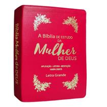 Bíblia de estudo da mulher de deus letra grande com harpa e índice capa de luxo vermelha