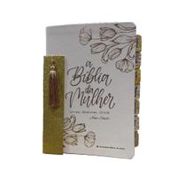 Biblia de Estudo da Mulher Grande Branca e Dourado Sbb Naa Abas Já colocadas e Marca Página
