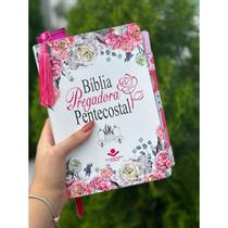 Bíblia de Estudo Pregadora Pentecostal média com Abas adesivas coladas + marca páginas Glitter pink