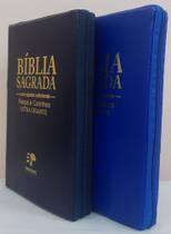 Bíblia do casal letra gigante com harpa capa com ziper azul marinho + azul royal