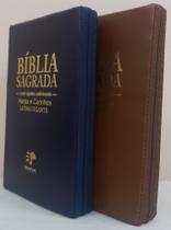 Bíblia do casal letra gigante com harpa capa com ziper azul marinho + caramelo