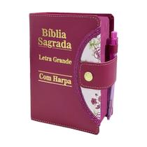 Bíblia Feminina Com Botão Evangélica Letra Gigante Harpa Crista E Caneta