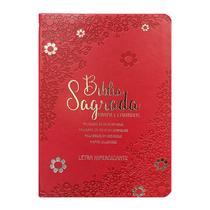 BIblia Hipergigante ARC Full Color c/ Harpa PU Luxo com Índice - Prateada Floral Margarida Vermelha