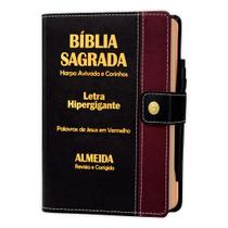 Bíblia Hipergigante - Botão Preta c/Vinho ARC - João Ferreira de Almeida - Harpas - Botão e Caneta com Indice por Cor