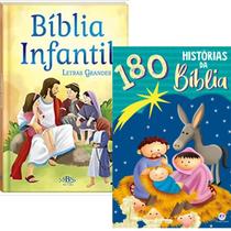 Bíblia Infantil Letra Grande Capa Dura Almofadada + Livro 180 Histórias da Bíblia Ciranda Cultural Crianças - Atividade Educativo Amigo