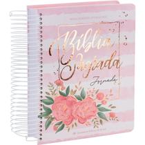 Bíblia Jornada Anote Com Espiral Capa Aquarela Rosa Flores Linguagem Fácil