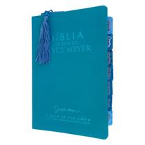 Biblia Joyce Meyer de estudos com abas adesivas Azul Tifany + marca paginas glitter