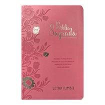 Bíblia jumbo arc full color capa pu luxo c/ harpa - Floral rosa