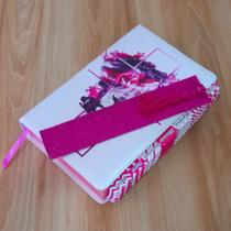 Bíblia Leão adonai com abas adesivas marca páginas glitter arc Harpa letras grandes ref pink - Cpp