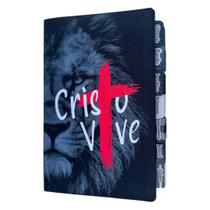 Biblia Leão de Judá cristo vive com abas adesivas coladas ARC com harpa