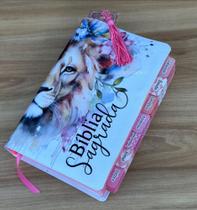 Bíblia Leão safira com abas + marca paginas glitter rosa - ARC