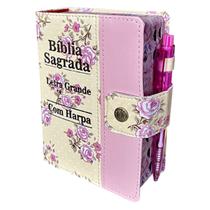 Biblia Letra Grande C/harpa E Botão - Floral E Rosa - REI DAS BIBLIAS