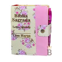 Biblia Letra Grande C/harpa E Botão - Floral E Rosa