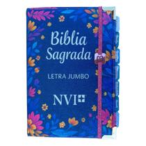 Bíblia Letra Jumbo NVI 100% Glitter Azul Folhagens com Abas adesivas + Elástico