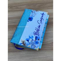 Bíblia Nvi azul glitter flores azuis com Abas adesivas já colada