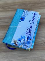 Bíblia Nvi Glitter flores azuis com Abas adesivas já coladas