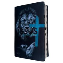 Biblia NVI leão cruz azul Letras Grandes com Indice digital