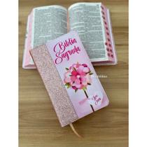 Biblia Premium glitter Nude flor Letras Grandes Evangélica Com Harpa E Corinhos Indice Capa glitter nude