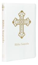 Bíblia Sagrada Católica, Letra Grande, Cruz, Couro-soft Branca, Leitura Perfeita