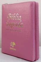 Bíblia sagrada com ajudas adicionais media capa com ziper rosa lisa