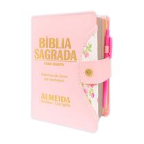 Bíblia Sagrada Evangélica Femenina - Botão Rosa ARC - João Ferreira de Almeida com Harpa