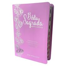 Biblia sagrada evangelica letra hiper gigante arc almeida palavras de jesus em vermelho luxo harpa indice cor:rosa