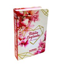 Biblia Sagrada Flores Rosa Palavras de Jesus Em Vermelho - Capa Dura RC