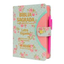 Biblia Sagrada Gigante Botão -Floral Verde - C/ Harpa