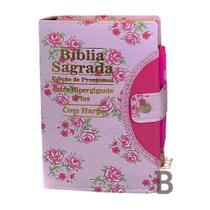 Biblia Sagrada Hipergigante Floral Rosa - Botão C/ Harpa