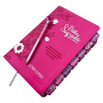 Bíblia Sagrada Jumbo Feminina Floral Pink Full Color ARC com Harpa e Abas Aplicadas