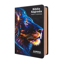 Biblia Sagrada Leão Raio Azul - Palavra de Jesus em Vermelho - Capa Dura - Com Harpa