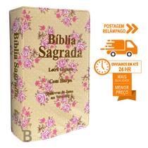 Biblia Sagrada Letra Gigante Luxo Popular - Floral Bege - Com Harpa - Mulher - RC