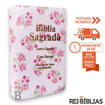 Biblia Sagrada Letra Gigante Luxo Popular - Floral Rosa - Com Harpa - Mulher - RC