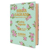 Biblia Sagrada Letra Gigante Luxo Popular - Floral Verde - Com Harpa - Mulher - RC