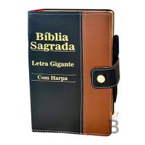 Bíblia Sagrada Letra Gigante - Preto C/ Caramelo - Botão e Caneta Revista e Corrigida - Com Harpa