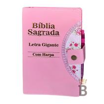 Bíblia Sagrada Letra Gigante - Rosa - Botão e Caneta Revista e Corrigida - C/ Harpa