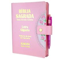 Bíblia Sagrada Letra Gigante - Rosa - Botão e Caneta Revista e Corrigida - Com Harpa - 14x21cm
