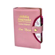 Bíblia Sagrada Letra Gigante - Rosa - Botão e Caneta Revista e Corrigida - Com Harpa - 14x21cm