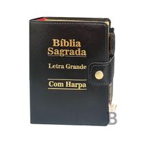 Bíblia Sagrada Letra Grande Botão Preta C/ Harpa e Caneta