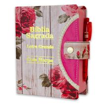 Bíblia Sagrada Letra Grande Botão Romantic C/ Harpa + Caneta