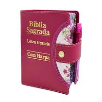 Bíblia Sagrada Letra Grande - Pink - Botão e Caneta Revista e Corrigida - Rei das Biblias